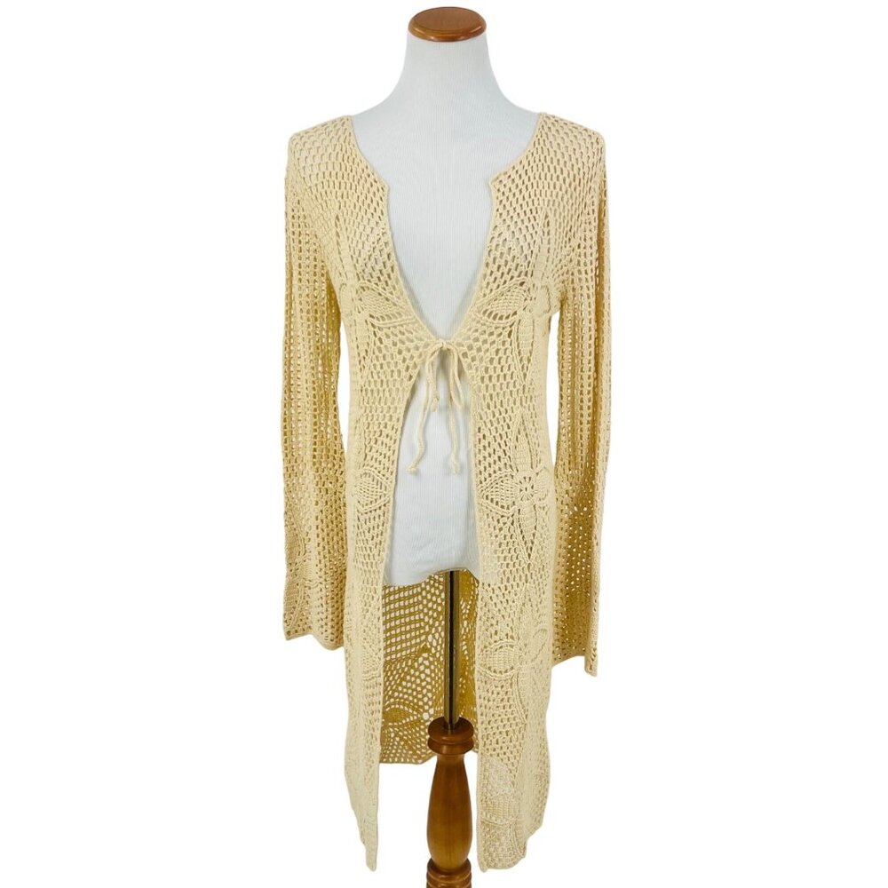 Vintage 90s Crochet Tie Front Duster Cardigan| Boho Coastal Cowgirl Cottagecore - Picture 2 of 16